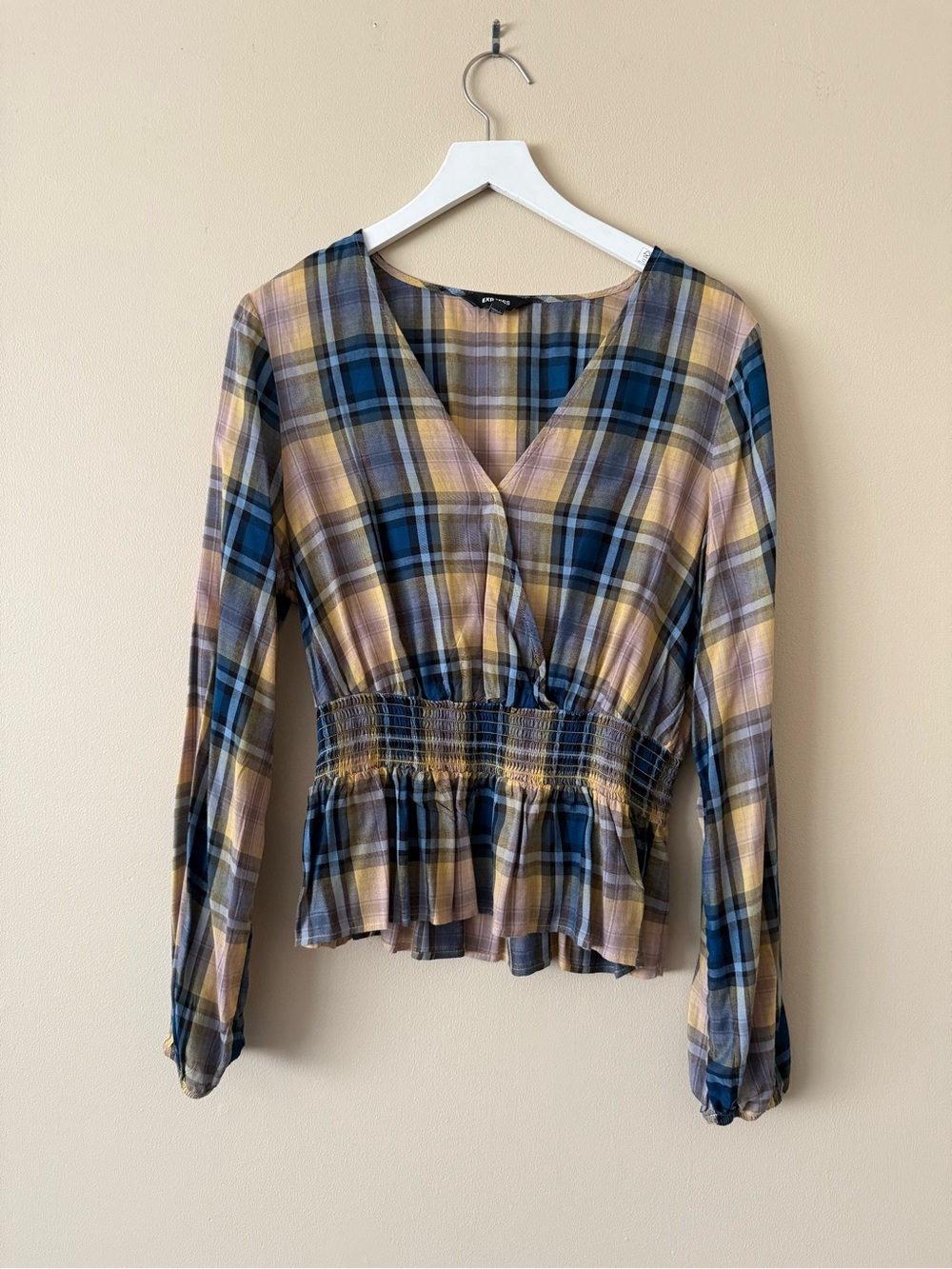 Express Fall Plaid Long Sleeve Smocked Waist Blouse Size Medium